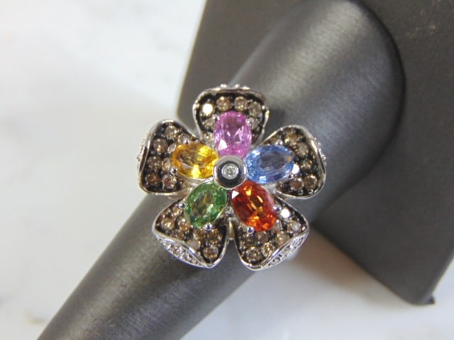 Womens Vintage Estate 14K Gold Gemstone Diamond Flower Ring (1 of 3)