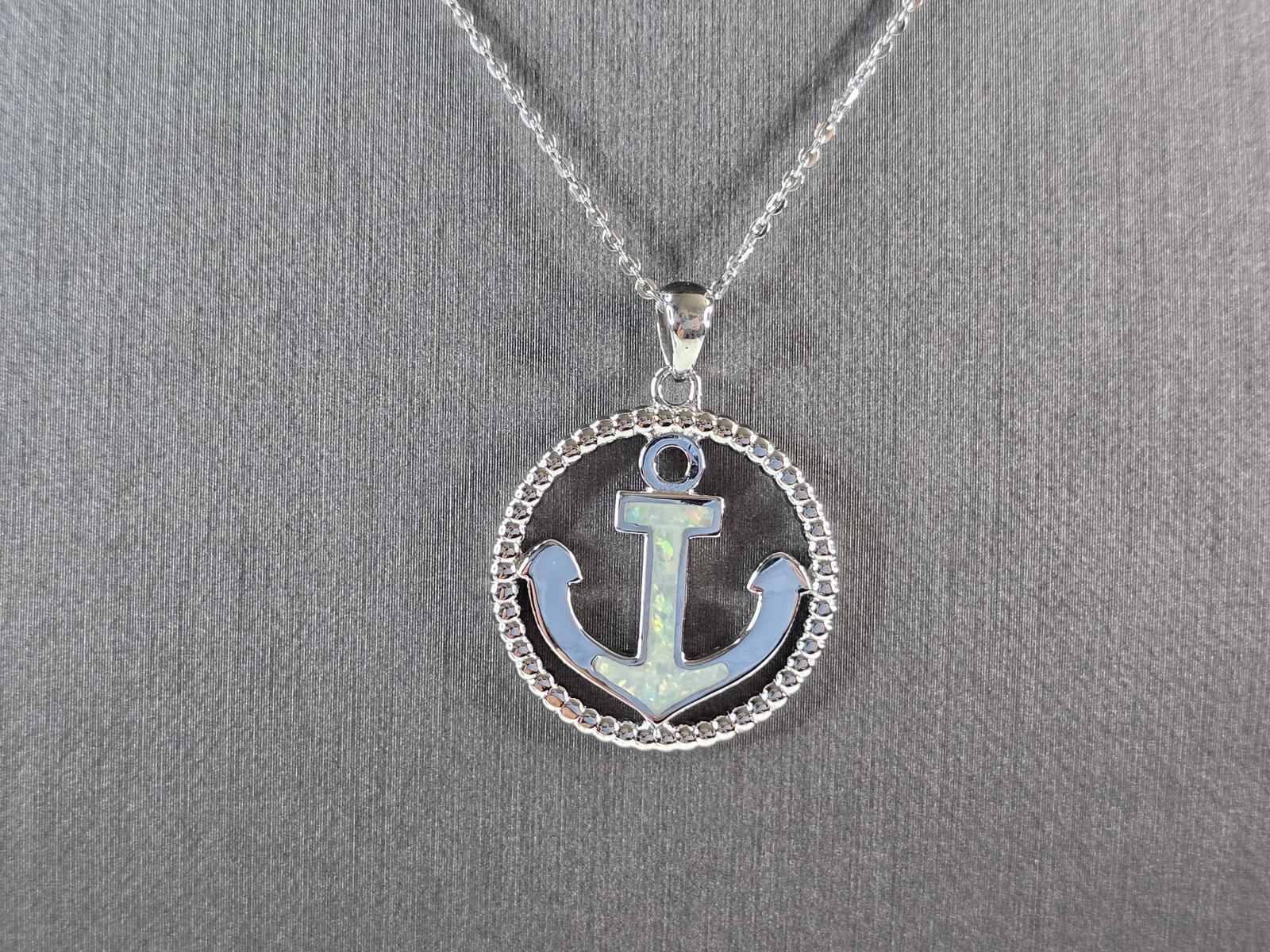Womens Sterling Silver Opal Maritime Anchor Pendant Necklace (1 of 4)