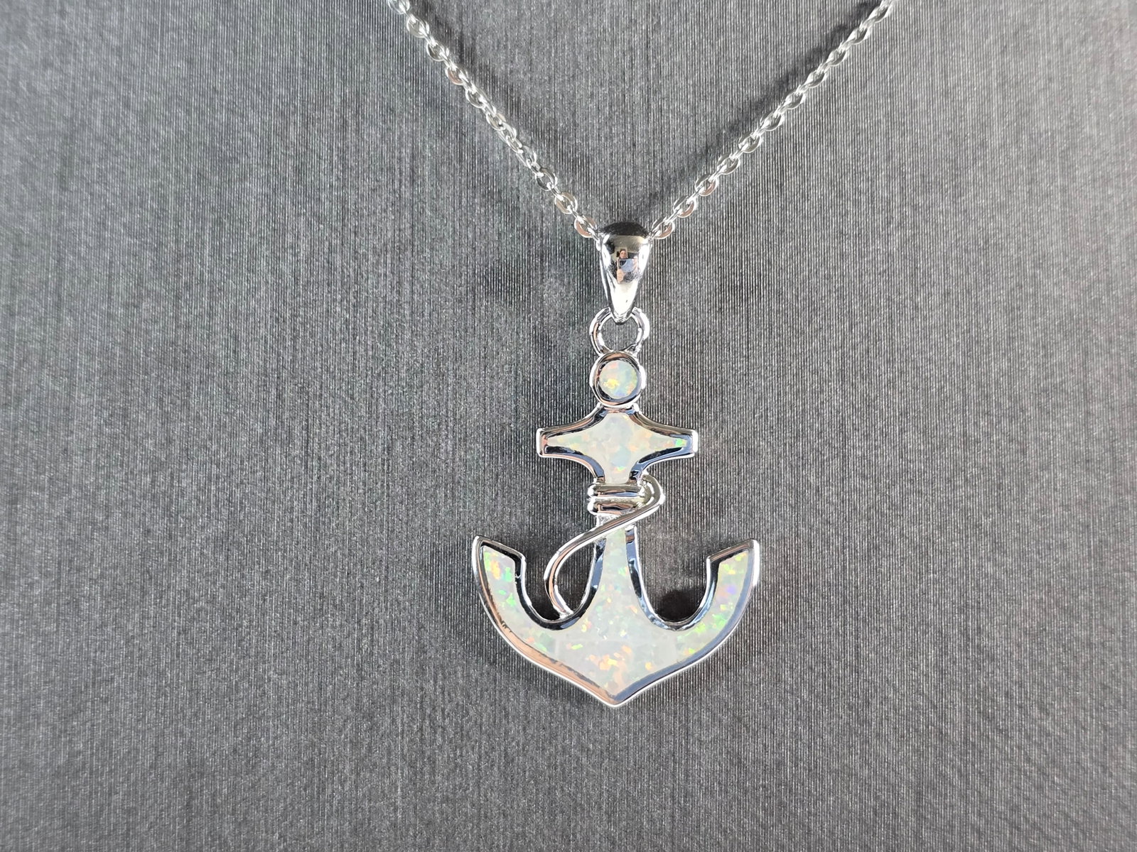 Womens Sterling Silver Opal Anchor Pendant Necklace (1 of 4)