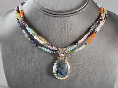 Womens Vintage Sterling Silver Labradorite Pendant Beaded Necklace