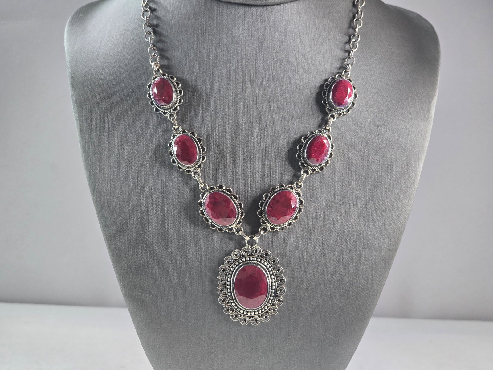 Womens Estate Sterling Silver Natural Ruby Pendant Necklace (1 of 6)