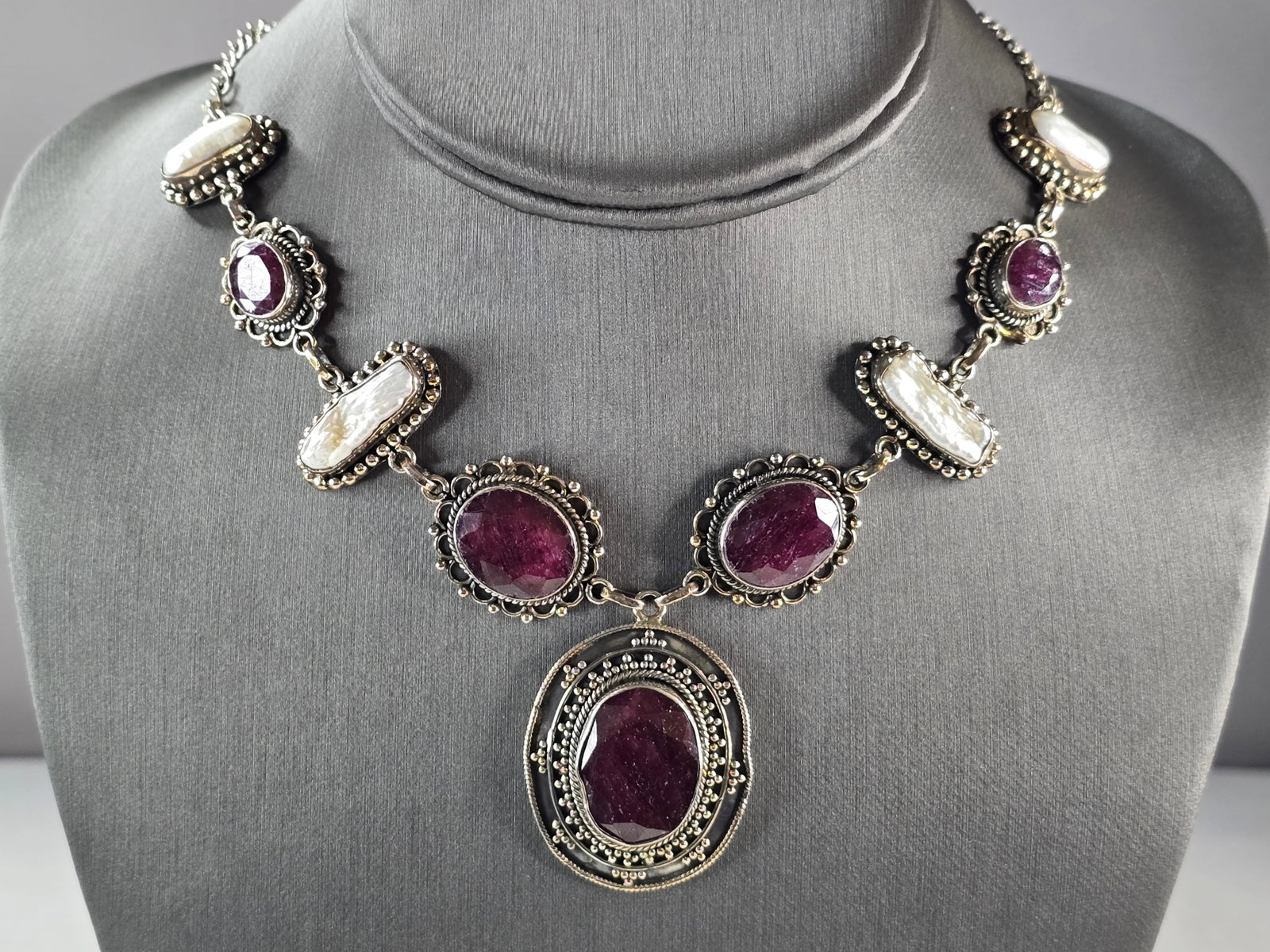 Womens Estate Sterling Silver Natural Ruby Pearl Pendant Necklace (1 of 5)