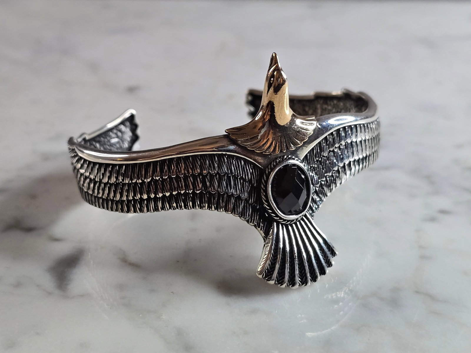 Sterling Silver Modernist Eagle Bird Cuff Bracelet: A WONDERFUL STERLING SILVER MODERNIST EAGLE CUFF BRACELET. THE BRACELET WEIGHS 27.5g. THE CIRCUMFERENCE WITH THE GAP IS 7". BRACELET CAN BE ADJUSTED SOME. ANY QUESTIONS PLEASE DO NOT HESITATE TO ASK. 