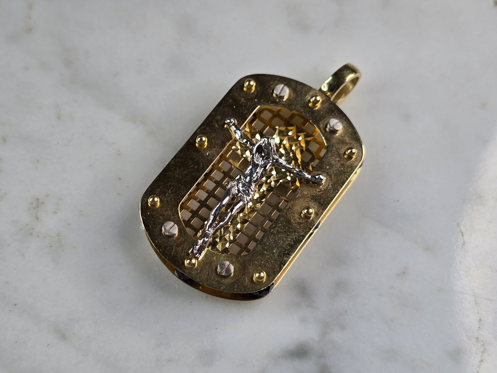 14K Yellow & White Gold Religious Cross Pendant: FOR SALE IS THIS LOVELY 14K YELLOW & WHITE GOLD RELIGIOUS CROSS PENDANT. THE PENDANT WEIGHS 6.6g AND MEASURES 1 5/8" LONG BY 7/8" WIDE. MAKES A GREAT GIFT FOR THAT SOMEONE SPECIAL. IF ANY QUESTIONS, P