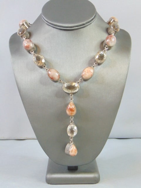 Womens Vintage Sterling Silver Quartz & Cz Necklace: A BEAUTIFUL VINTAGE ESTATE WOMENS STERLING SILVER QUARTZ & CZ NECKLACE . NOT SURE IF STONES ARE REAL OR MAN MADE. NECKLACE WEIGHS 97.8g. NECKLACE MEASURES 20 1/2" BY 4". WOULD MAKE A GREAT GIFT FOR TH