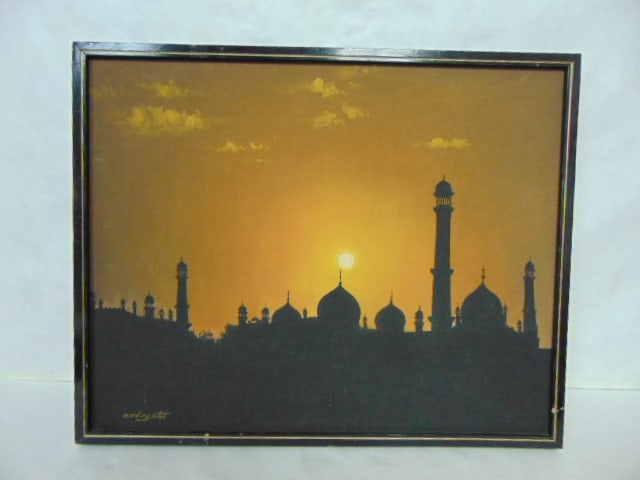 DECORATIVE MIDDLE EASTERN PAINTING ARTIST SIGNED: A DECORATIVE MIDDLE EASTERN PAINTING ON BOARD THAT MEASURES 22 1/2" BY 18". NOT SURE WHO THE ARTIST IS. CONDITION IS GOOD BUT THE FRAME HAS A FEW LITTLE BLEMISHES.