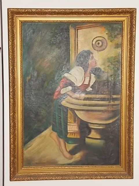 ANTIQUE L. TRESTMAN OIL ON CANVAS PAINTING OF WOMAN: FOR SALE IS THIS LOVELY ANTIQUE OIL PAINTING ON CANVAS OF A WOMAN DRINKING FROM A FOUNTAIN DONE BY L. TRESTMAN. PAINTING MEASURES 37 1/4" BY 27 1/4" WITH THE FRAME. THE VIEWABLE MEASUREMENT IS 31 1/2"