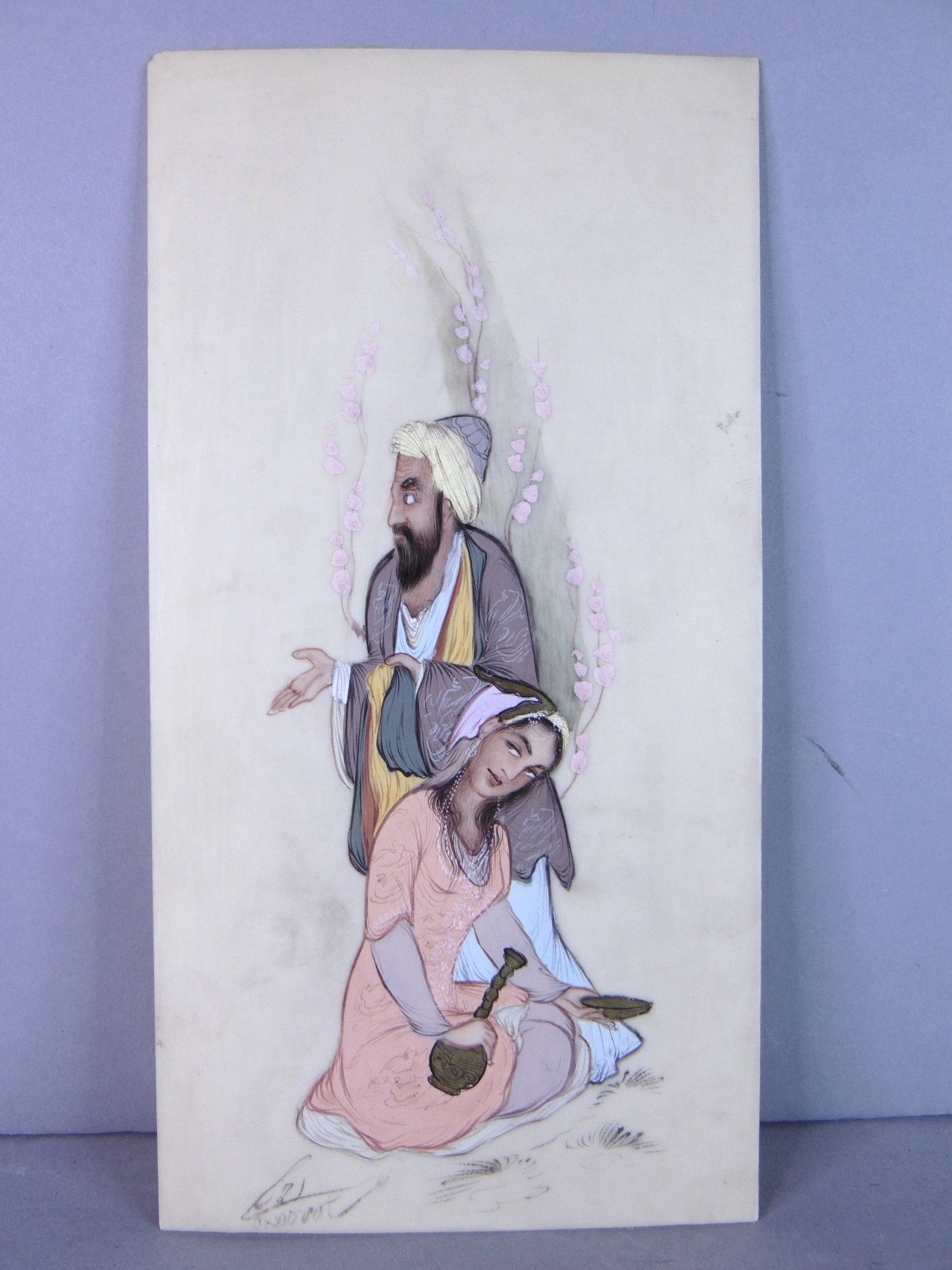 Vintage Decorative Signed Persian Indian Mughal Hand Painted Couples Scene: FOR SALE IS THIS VINTAGE DECORATIVE SIGNED PERSIAN INDIAN MUGHAL HAND PAINTED COUPLES SCENE. NOT SURE WHAT MATERIAL IT WAS PAINTED ON. PAINTING MEASURES 7 3/4" LONG BY 4" WIDE. ANY QUESTIONS PLEASE DO