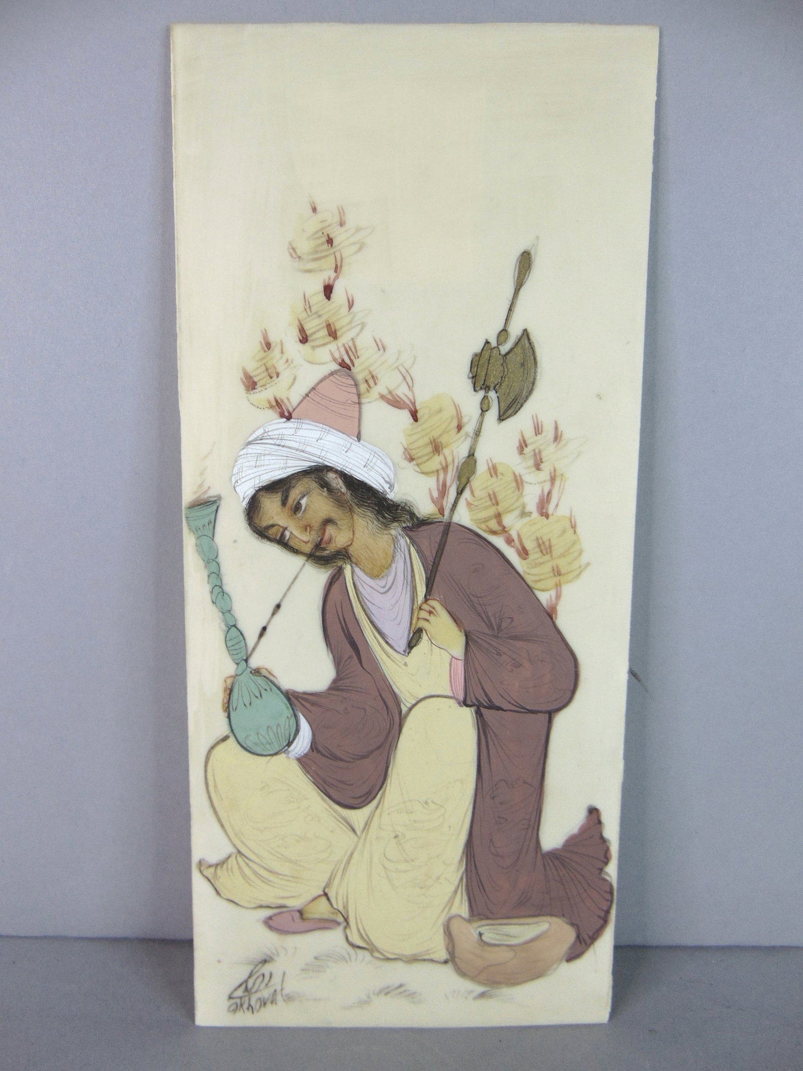 Vintage Decorative Signed Persian Indian Mughal Hand Painted Art: FOR SALE IS THIS VINTAGE DECORATIVE SIGNED PERSIAN INDIAN MUGHAL HAND ART. NOT SURE WHAT MATERIAL IT WAS PAINTED ON. PAINTING MEASURES 7 7/8" LONG BY 3 1/2" WIDE. ANY QUESTIONS PLEASE DO NOT HESITATE 