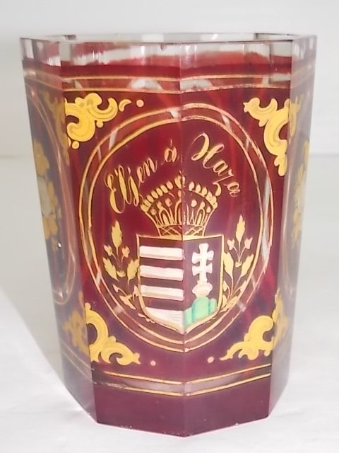 RARE ANTIQUE CZECH BOHEMIAN OCTAGONAL RUBY SPA GLASS: A RARE ANTIQUE CZECH BOHEMIAN OCTAGON SHAPE RUBY SPA GLASS THAT MEASURES 4 1/2" TALL BY 3 1/4" WIDE. CONDITION IS VERY NICE FOR ITS AGE BUT IT DOES HAVE TWO VERY TINY FLEA BITES ON THE INSIDE RIM.