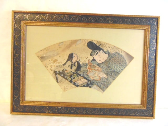 VINTAGE CHINESE JAPANESE WOODBLOCK PRINT SCENE PAINTING: A LOVELY VINTAGE CHINESE OR JAPANESE WOODBLOCK PRINT SCENE PAINTING. PIECE MEASURES 29" BY 20 1/2" WITH THE FRAME. NOT SURE WHO THE ARTIST IS. GREAT DECORATORS PIECE.