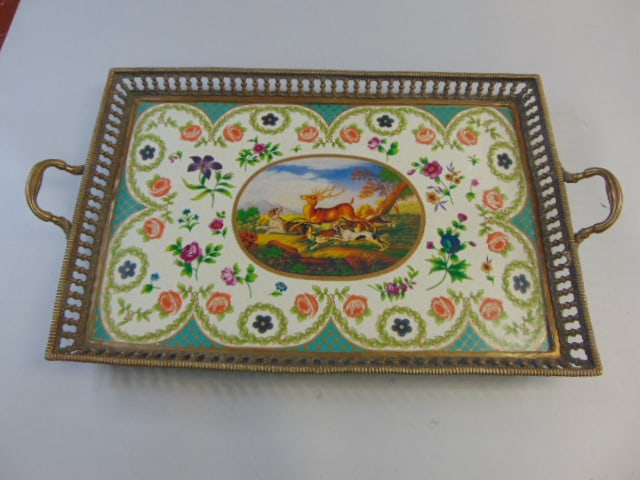 Decorative Victorian Style Porcelain Bronze Tray: A beautiful decorative Victorian style porcelain with bronze tray that measures 27 1/4" by 16". Condition is great. Any questions please do not hesitate to ask. Be sure to check out some of our other 