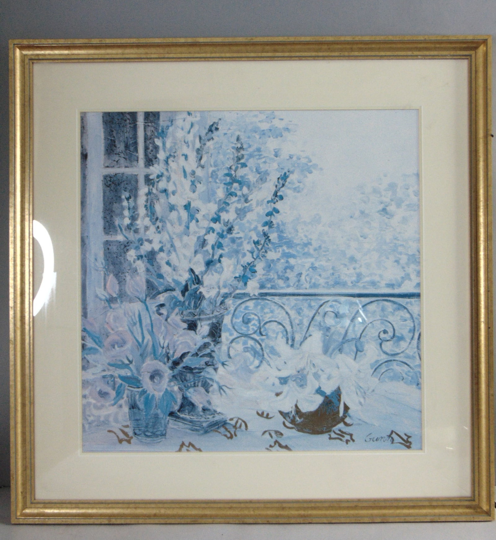 Vintage Estate Framed & Signed Gunn Floral Art Print: FOR SALE IS THIS VINTAGE ESTATE FRAMED & SIGNED GUNN FLORAL ART PRINT. THE FRAME MEASURES 38 1/2" BY 38 1/2". FRAME HAS SOME MINOR BLEMISHES AND SMALL SHIPS AS SEEN IN THE PICTURES, WOULD BE BUYING AS
