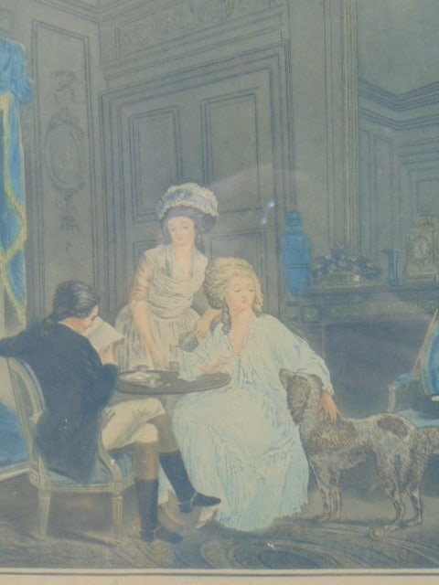 Decorative Antique French Engraving w/ Dog: A beautiful decorative antique French engraving entitled "Le Dejeuner Anglais". Piece measures 19 3/4" by 16 1/4" with the frame. Condition looks very good but as you may be able to see there is a tin