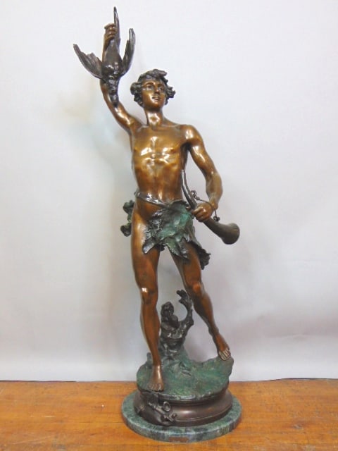 Acteon Greek Hunter Bronze Sculpture By Adrien ?tienne: A DECORATIVE ACTEON GREEK HUNTER BRONZE SCUPLTURE BY ADRIEN ETIENNE GAUDEZ. STATUE MEASURES 45 1/2" TALL BY 18" WIDE. HAS A GREAT LOOK AND WOULD MAKE A GREAT ACCENT PIECE. IF THERE ARE ANY ISSUES