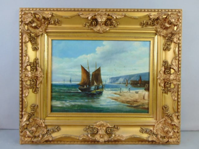 ANTIQUE OIL ON CANVAS SEASCAPE PAINTING SIGNED: A BEAUTIFUL ANTIQUE OIL ON CANVAS SEASCAPE PAINTING THAT IS SIGNED BY THE ARTIST. PIECE MEASURES 25" BY 21" WITH THE FRAME. CONDITION IS GOOD BUT THE FRAME HAS SOME MINOR BLEMISHES. HARD TO MAKE OUT W