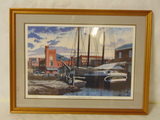 Decorative Limited Edition Litho Portsmouth Virginia: A VINTAGE LIMITED EDITION LITHO OF SOUTH AND CRAWFORD STREETS IN PORTSMOUTH, VA. PIECE MEASURES 26 1/2" BY 20" WITH THE FRAME. CONDITION IS GOOD TO FAIR. AS YOU MAY BE ABLE TO SEE THERE IS SOME WATER 