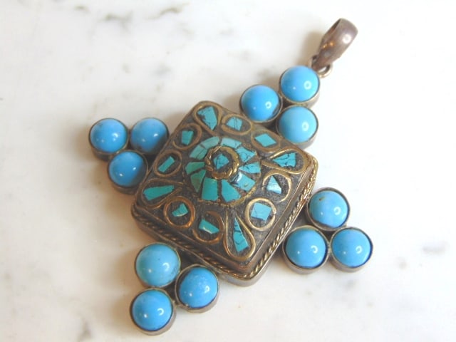 Womens Vintage Estate Sterling Silver Turquoise Pendant (1 of 2)