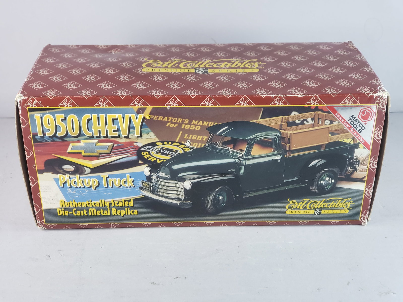 Ertl Prestige Series 1:25 1950 Chevy Pickup Truck Matco Tools Edition: FOR SALE IS THIS ERTL PRESTIGE SERIES 1:25 1950 CHEVY PICKUP TRUCK MATCO TOOLS EDITION. TRUCK IS ALSO MISSING THE MIRRIORS, ONE WIPER, AND HAS A STICKER ON ONE DOOR TO COVER A BLEMISH, WOULD BE BUYING