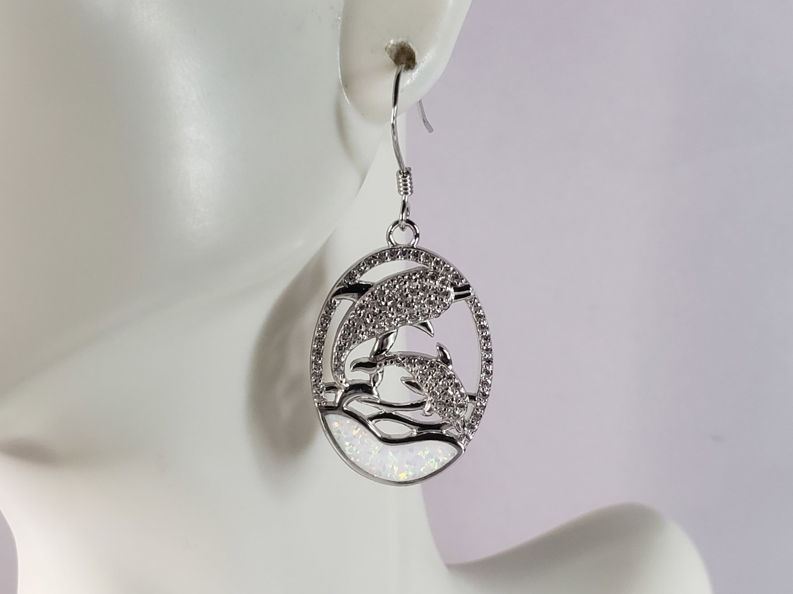 Womens Estate Sterling Silver Opal Dolphin Earrings (1 of 4)