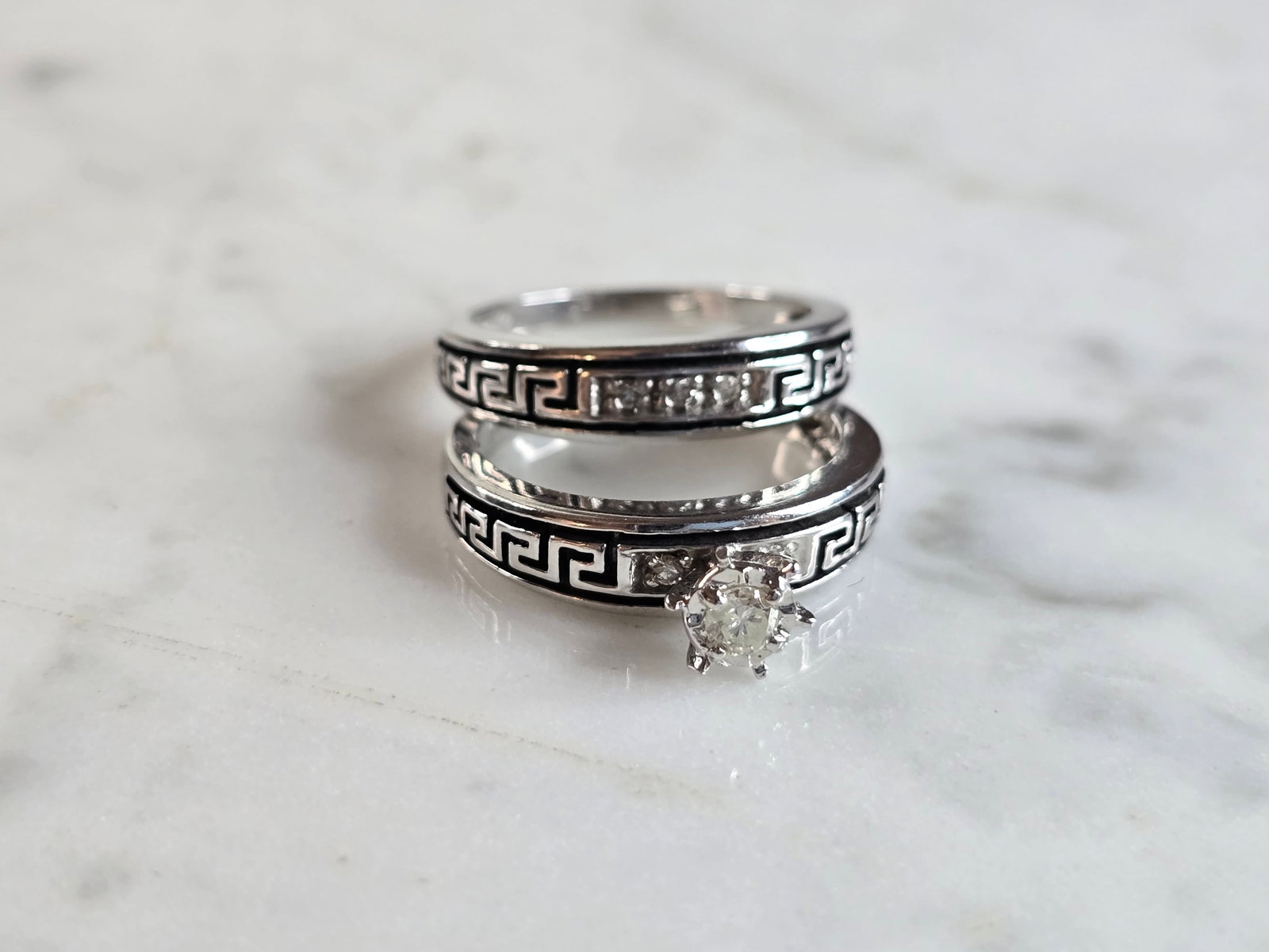 Womens Estate 14K White Gold Diamond Greek Key Wedding Ring Set (1 of 4)