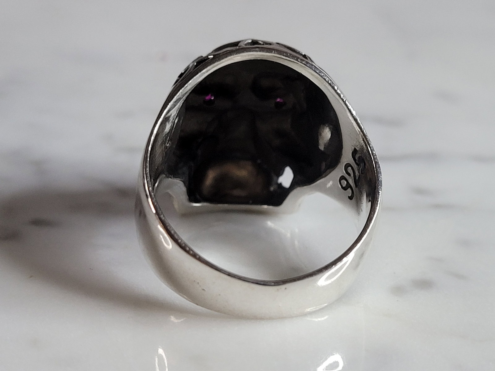 Mens Sterling Silver Ruby Eyed Skull Ring - 3
