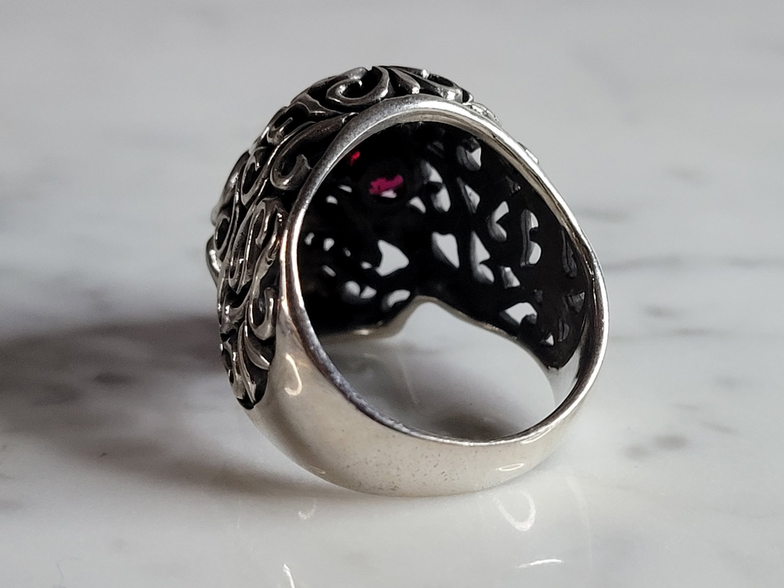 Mens Sterling Silver Ruby Eyed Skull Ring - 3