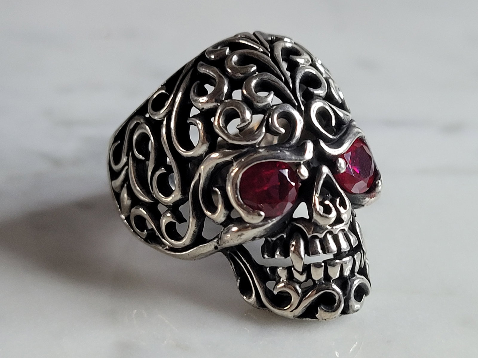 Mens Sterling Silver Ruby Eyed Skull Ring - 4