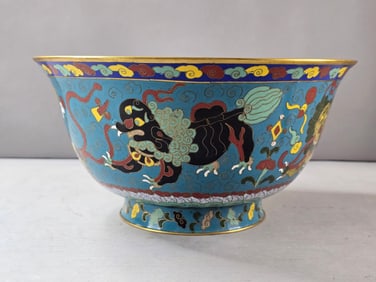 DECORATIVE VINTAGE ANTIQUE CHINESE CLOISONNE FOO DOG LOTUS FLOWER RICE BOWL
