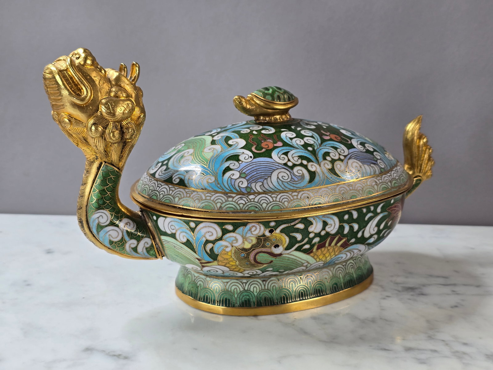 VINTAGE ANTIQUE CHINESE CLOISONNE DRAGON TURTLE FIGURE: A BEAUTIFUL VINTAGE ANTIQUE CHINESE CLOISONNE DRAGON TURTLE FIGURE OR STATUE THAT MEASURES ABOUT 5" TALL BY 10 1/2" LONG BY ABOUT 6 1/2" WIDE. VERY GOOD CONDITION. AN INCREDIBLE DECORATIVE PIECE WITH 
