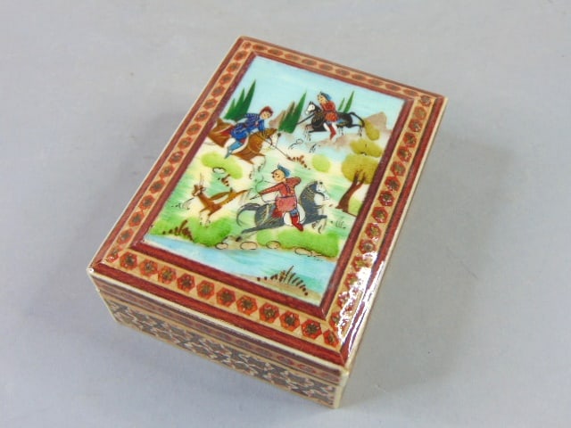 Hand Painted Middle Eastern Khatam Marquetry Inlay Box: FOR SALE IS THIS VINTAGE DECORATIVE HAND PAINTED MIDDLE EASTERN KHATAM MARQUETRY INLAY BOX. BOX MEASURES 4" LONG BY 3" WIDE BY 1 3/4" TALL. ANY QUESTIONS PLEASE DO NOT HESITATE TO ASK. BE SURE TO