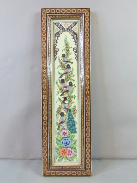 Hand Painted Peacocks w/ Khatam Inlaid Frame: FOR SALE IS THIS VINTAGE DECORATIVE MIDDLE EASTERN HAND PAINTED PEACOCKS WITH KHATAM INLAID FRAME. FRAME MEASURES 19 1/2" LONG BY 5 3/4" WIDE. ANY QUESTIONS PLEASE DO NOT HESITATE TO ASK. BE SURE TO