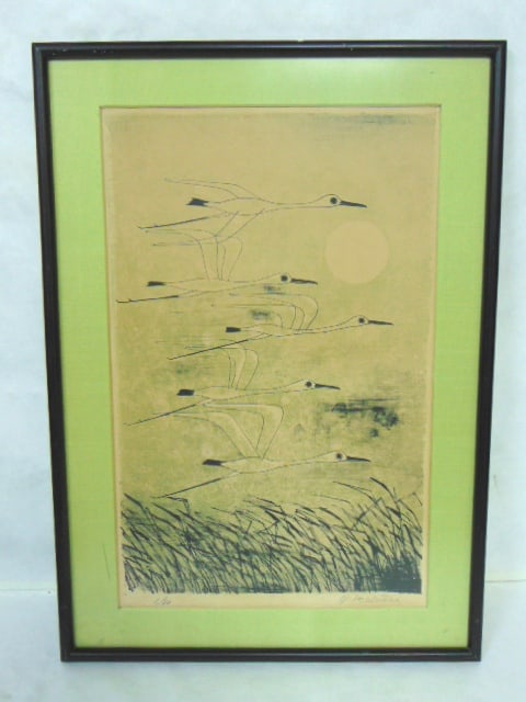 VINTAGE ANTIQUE JAPANESE CRANE PRINT ARTIST SIGNED: A FABULOUS VINTAGE ANTIQUE JAPANESE CRANE PRINT THAT IS SIGNED "Y. MASUDAI, 6/30". PIECE MEASURES 23" BY 16 1/4" WITH THE FRAME. CONDITION LOOKS FOR FOR ITS AGE WITH JUST SOME MINOR DISCOLORATION TO T