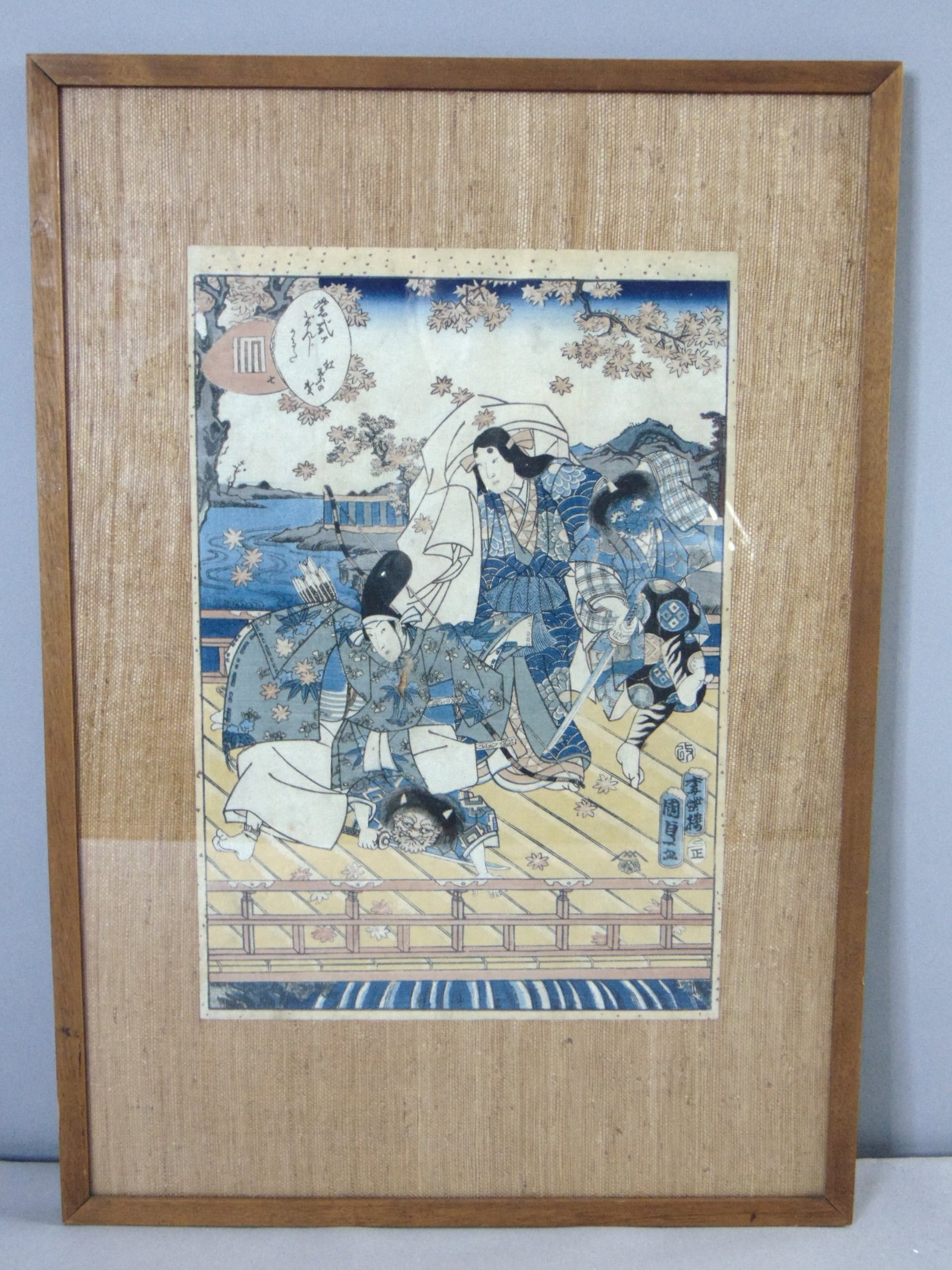 Vintage Artist Signed Japanese Fighting Scene Framed Art Print: FOR SALE IS THIS VINTAGE ARTIST SIGNED JAPANESE FIGHTING SCENE FRAMED ART PRINT. THE FRAME MEASURES 14 3/4" BY 20 3/4". PIECE DOES HAVE A TEAR IN THE CENTER AS SEEN IN THE PICTURES, WOULD BE BUYING AS