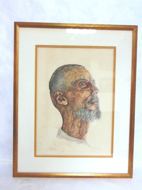 VINTAGE WATERCOLOR PAINTING OF MIDDLE EASTERN MAN: A VINTAGE WATERCOLOR PAINTING OF WHAT APPEARS TO BE AN ELDERLY MIDDLE EASTERN MAN. PIECE MEASURES 24" BY 19" WITH THE FRAME. PIECE IS SIGNED BUT I AM NOT SURE WHAT IT SAYS. LOOKS LIKE " L. ALTER". MAK