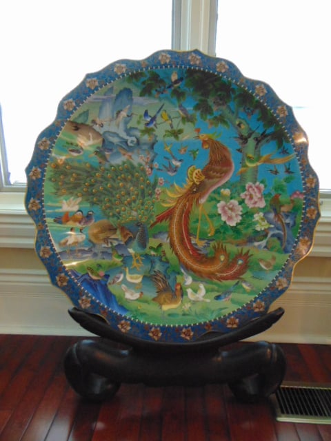 RARE HUGE EXQUISITE CHINESE CLOISONNE CHARGER: A LARGE RARE EXQUISITE CHINESE CLOISONNE CHARGER THAT MEASURES 30 1/2" IN DIAMETER. CONDITION OF THE PIECE IS EXCELLENT. BELIEVED TO BE FROM AROUND THE 40'S OR 50'S, MAYBE EARLIER.