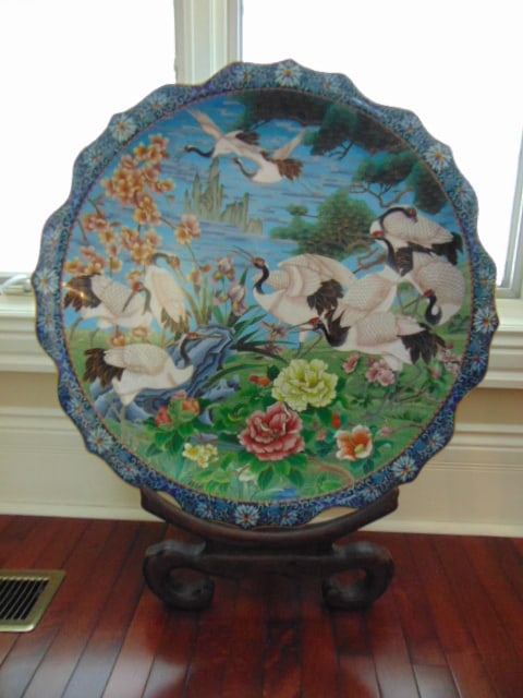 Vintage Antique Collectible Chinese Cloisonne Charger: A LARGE RARE EXQUISITE CHINESE CLOISONNE CHARGER THAT MEASURES 30 1/2" IN DIAMETER. CONDITION OF THE PIECE IS EXCELLENT. BELIEVED TO BE FROM AROUND THE 40'S OR 50'S, MAYBE EARLIER. TRULY AN EXQUISITE 