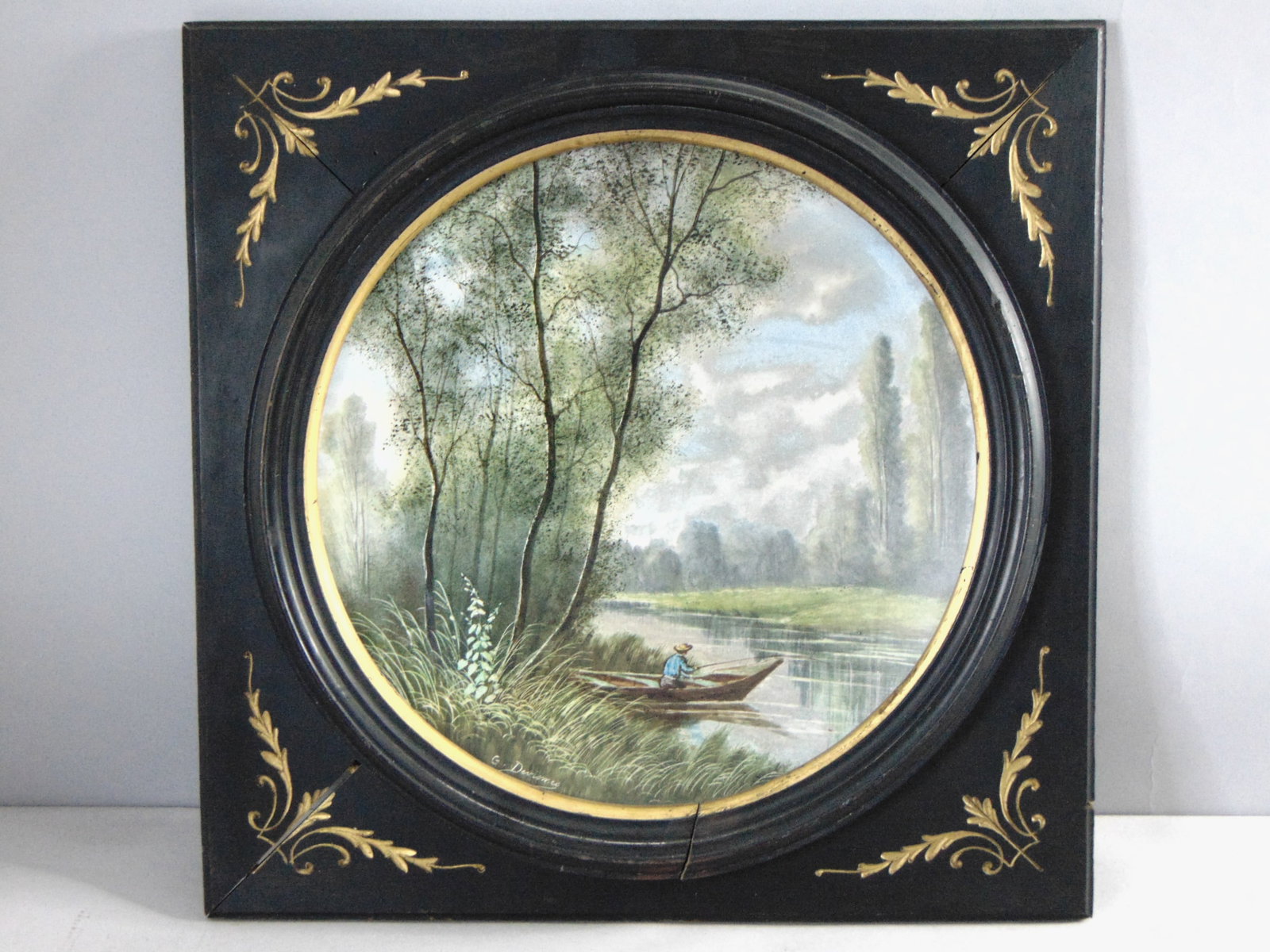 Vintage Estate Artist Signed Framed Porcelain Plaque Wall Art: A VINTAGE ESTATE ARTIST SIGNED FRAMED PORCELAIN PLAQUE WALL ART. PIECE IS SIGNED BY G. DEVISMES FRAME MEASURES 21 7/8" BY 21 3/4".FRAME HAS SOME BLEMISHES AND IS COMING APART AS SEEN IN THE PICTURES, 