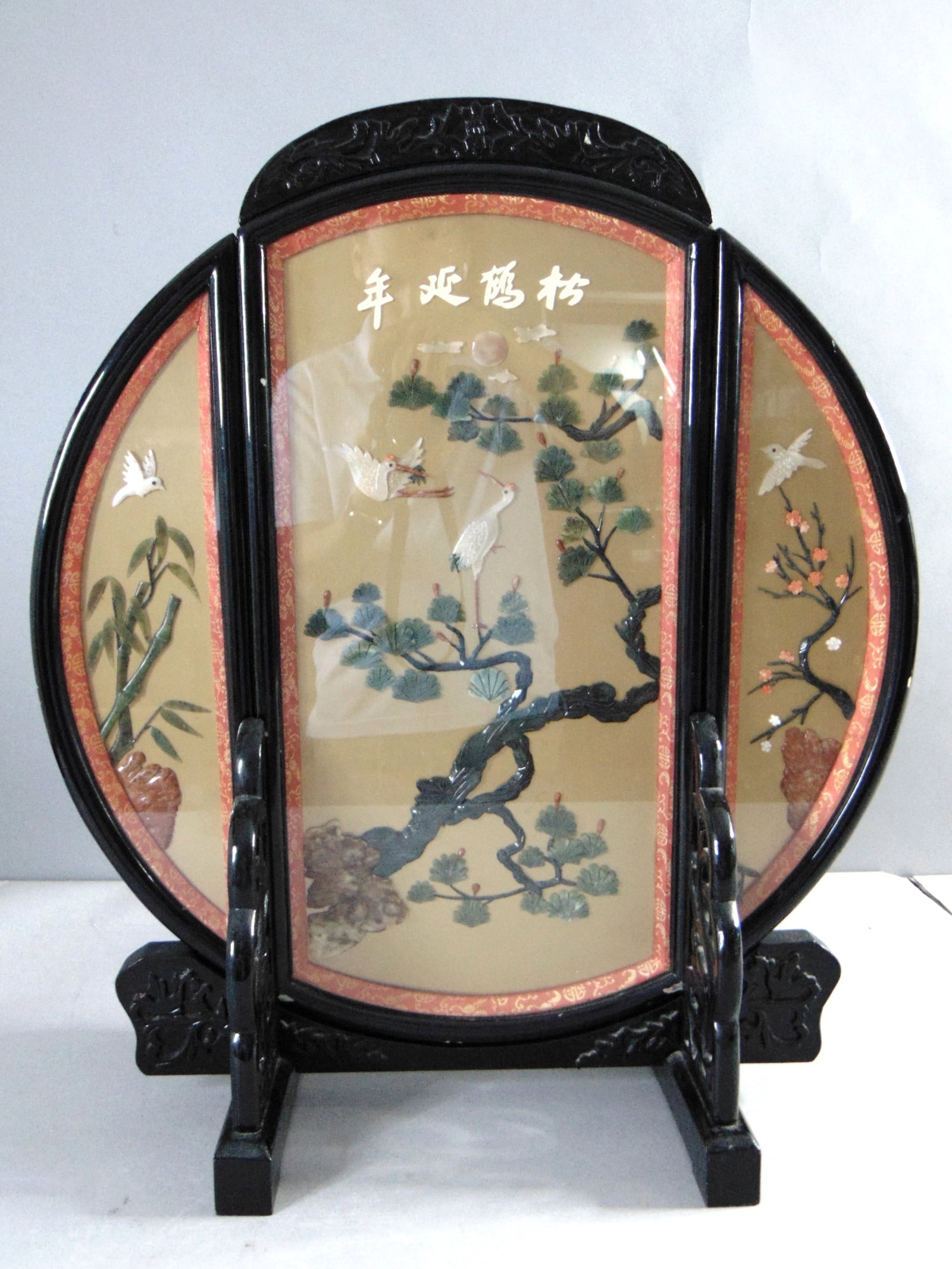 Vintage Chinese Decorative Carved Jade & Coral Crane Wall Art: AN AMAZING VINTAGE CHINESE DECORATIVE LACQUER CARVED JADE & CORAL CRANE WALL ART WITH BASE THAT MEASURES ABOUT 24 1/2" TALL BY ABOUT 21" WIDE WHEN COMPLETELY OPENED. HAS AN INCREDIBLE LOOK TO IT AND I