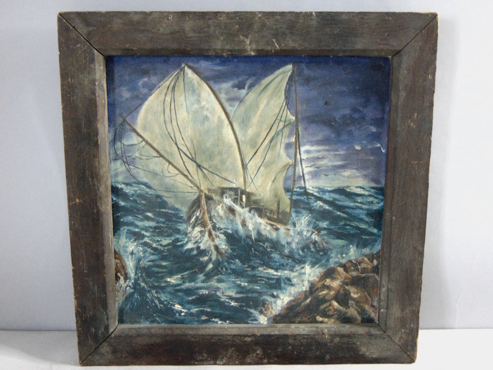 Vintage Estate Artist Signed Seascape Framed Oil Painting: FOR SALE IS THIS VINTAGE ESTATE ARTIST SIGNED SEASCAPE FRAMED OIL PAINTING. THE FRAME MEASURES 17 3/4" BY 17 3/4". FRAME HAS SOME BLEMISHES AND CHIPS AS SEEN IN THE PICTURES, WOULD BE BUYING AS. PAINT