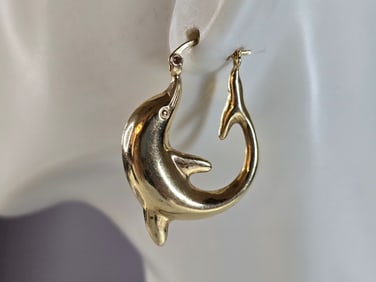 Womens Vintage Estate 14K Yellow Gold Hoop Dolphin Earrings