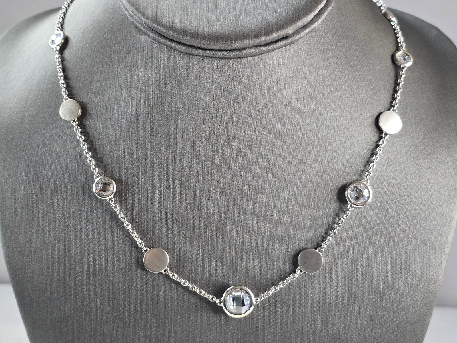 Womens Sterling Silver Modernist CZ Necklace: A WOMENS STERLING SILVER MODERNIST CZ NECKLACE. NECKLACE WEIGHS 16.8g, AND MEASURES 18" LONG BY 1/2" WIDE. MAKES A GREAT GIFT FOR THAT SOMEONE SPECIAL. ANY QUESTIONS, PLEASE ASK. BE SURE TO CHECK OUT 