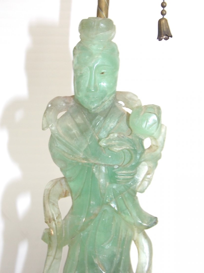 VINTAGE ANTIQUE HAND CARVED JADE FIGURAL TABLE LAMP: Up for sale is this amazing vintage antique hand carved Chinese jade figural statue lamp. The lamp measures 20" tall and the figure measures 8 1/2" with its hand carved wood base. The other part of th