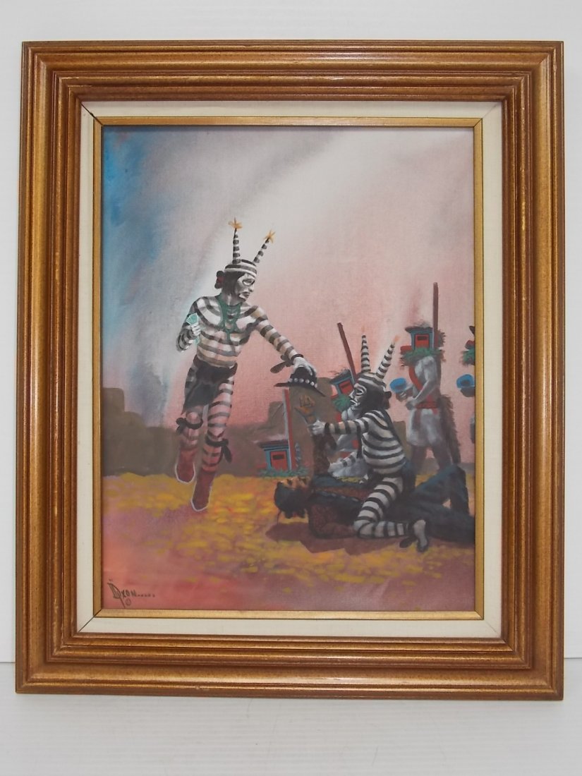 VINTAGE NATIVE AMERICAN INDIAN PAINTING SIGNED DIXON: A VINTAGE ORIGINAL NATIVE AMERICAN INDIAN PAINTING SIGNED DIXON. PIECE HAS A VERY USUAL AND ECLECTIC LOOK TO IT. AS YOU CAN SEE IT DEPICTS TWO INDIANS ROBBING ANOTHER INDIAN BECAUSE HE STRAYED FROM HI