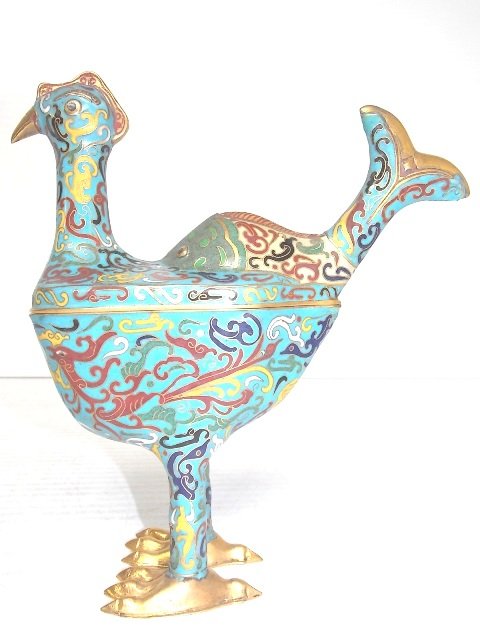 Chinese Cloisonne Chicken & Fish Box W/ Gold: WHIMSICAL CHINESE CLOISONNÉ BOX IN THE SHAPE OF A CHICKEN THAT HAS A FISH FOR A TAIL STANDS 9 1/2 INCHES TALL AND MEASURES 8 3/4 INCHES LONG. Note: This item tested positive for traces of gold by U. 