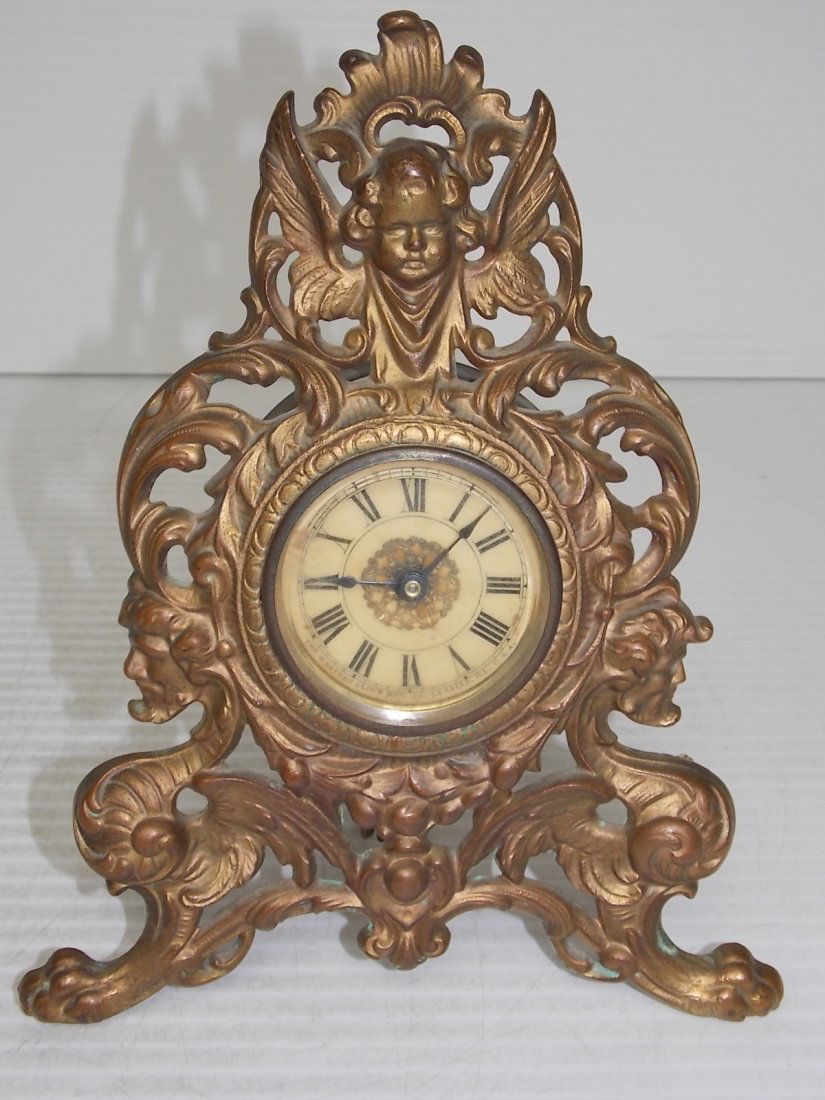 ANTIQUE VICTORIAN BRASS ALARM CLOCK W/ CHERUB