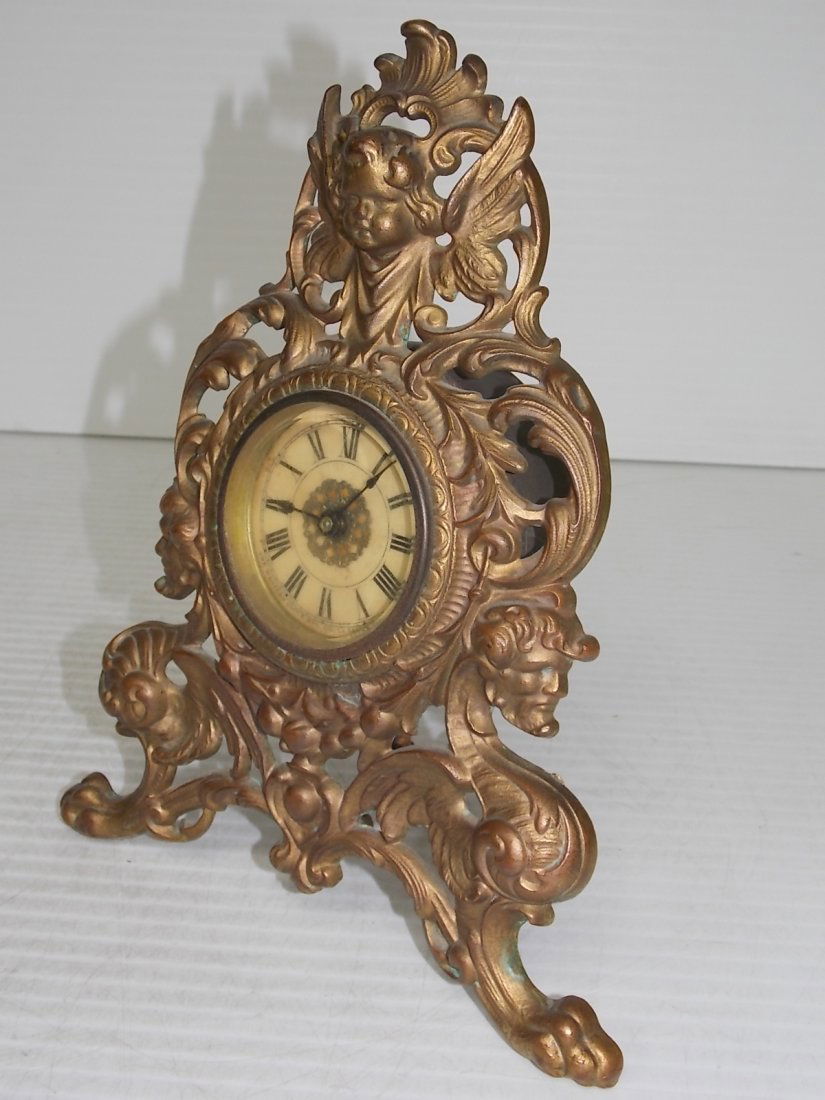 ANTIQUE VICTORIAN BRASS ALARM CLOCK W/ CHERUB - 2