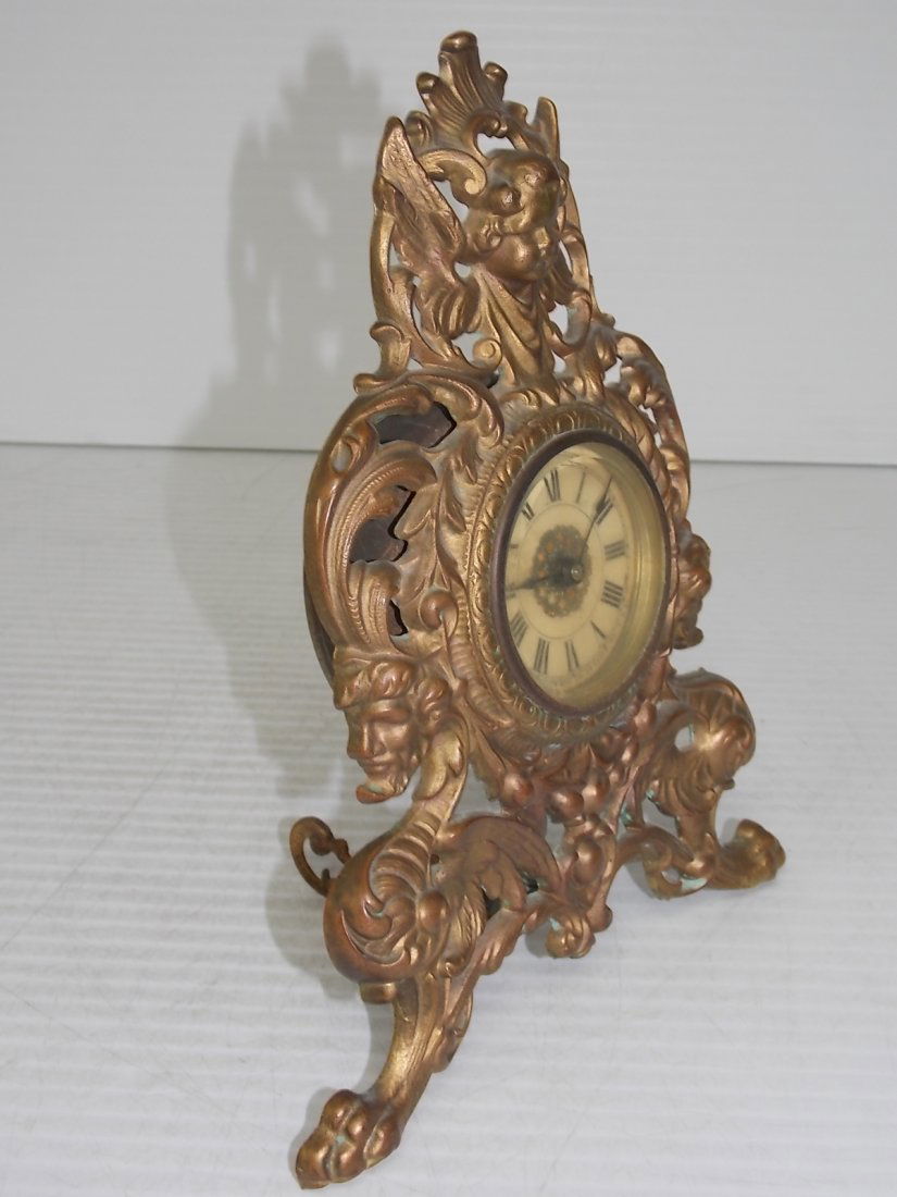 ANTIQUE VICTORIAN BRASS ALARM CLOCK W/ CHERUB - 3