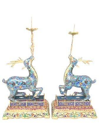 PR CLOISONNE DEER CANDLESTICK HOLDERS W/ GOLD: PAIR OF CHINESE CLOISONNÉ DEER CANDLESTICKS STAND 17 INCHES TALL. THE BASE OF EACH CANDLESTICK MEASURES 8 1/2 INCHES X 4 1/4 INCHES. Note: This item tested positive for traces of gold by U. S. Custom