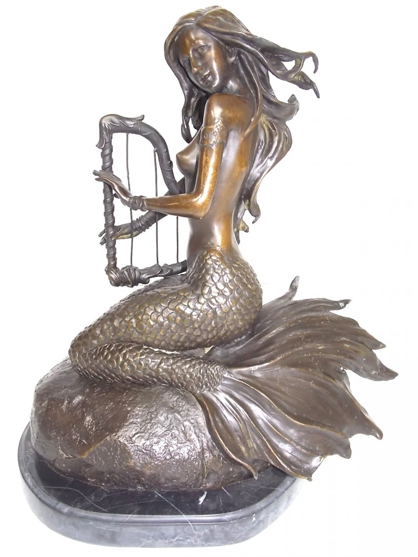 BRONZE MERMAID STATUE WITH BOW HARP: BRONZE “MERMAID WITH BOW HARP” STANDS 14 1/4” TALL MOUNTED ON ITS 10 3/4” X 9” OVAL MARBLE BASE. SHIPPING IS $45 WITHIN THE CONTINENTAL US. ALL OTHER STATES AND COUNTRIES PLEASE CONTACT FOR 